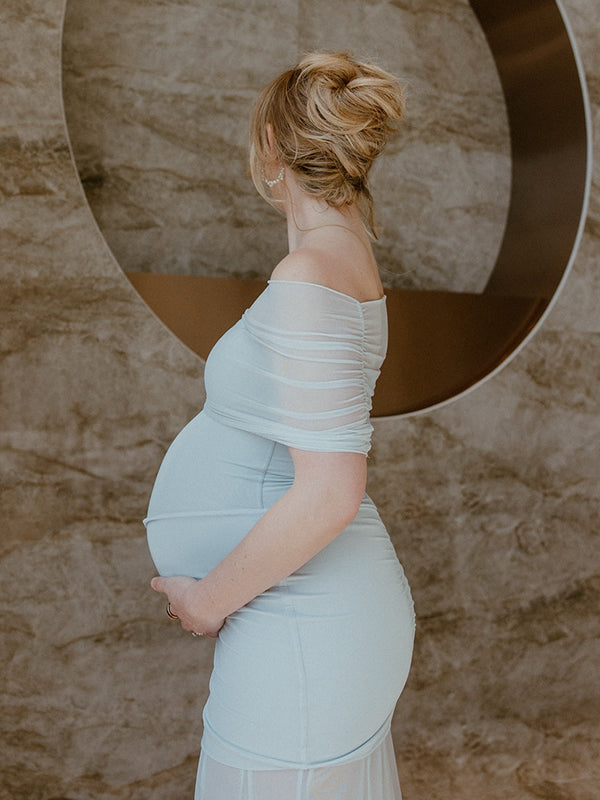 Light Blue Mesh Ruched Off Shoulder Elegant Maternity Photoshoot Maxi Dress