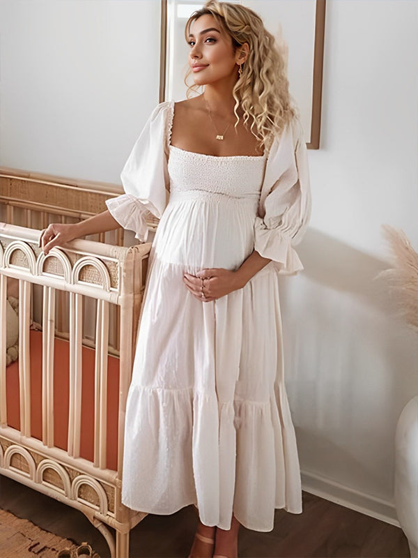 White Off Shoulder Ruffle Shirred Boat Neck Puff Sleeve Bow Bohemian Maternity Photoshoot Dress