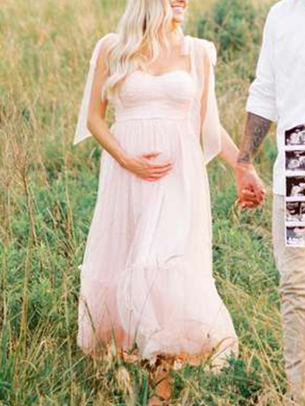 Light Pink Polka Dot Bow Ruffle Falbala Tie-Shoulder A-line Tulle Princess Maxi Dress