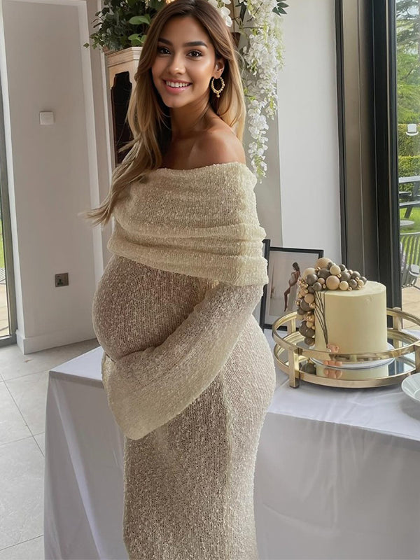 Off Shoulder Hollow Out Knitwear Bodycon Beach Vacation Dress Baby Shower Maternity Maxi Dress