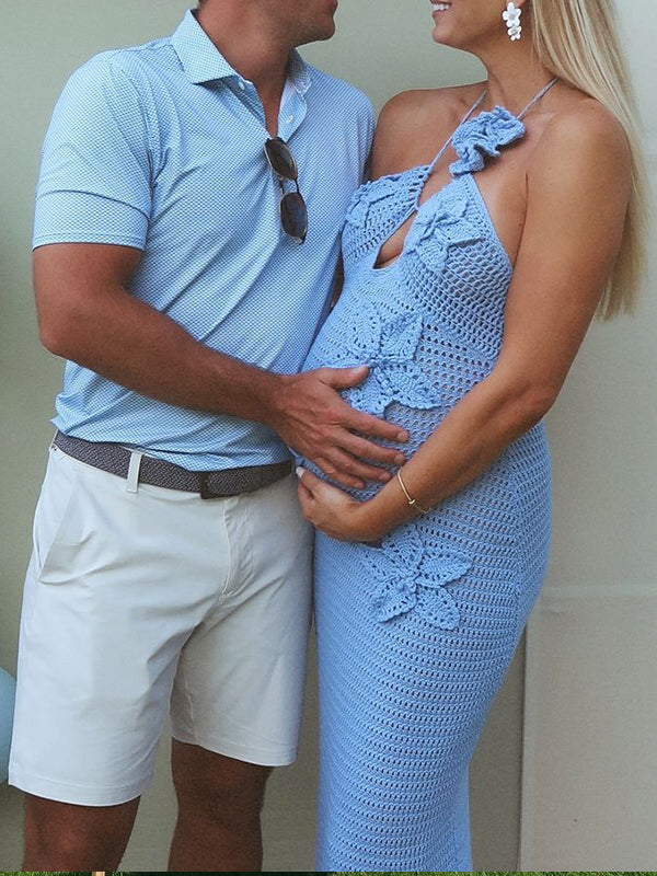 Crochet Hollow Out 3D Flowes Cami Bodycon Elegant Baby Moon Beach Shower Maxi Dress