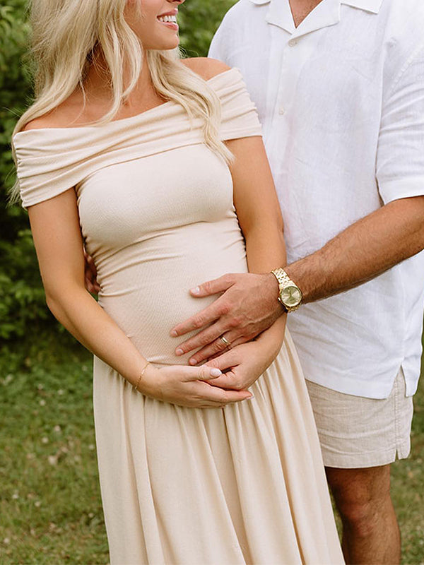 Apricot Off Shoulder Baby Shower Maternity Maxi Dress