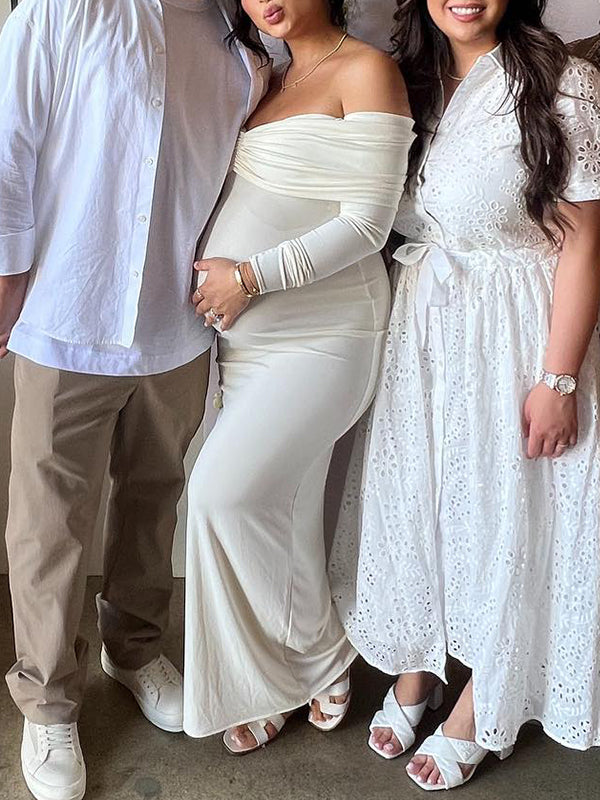 White Ruched Off Shoulder Bowknot Bodycon Cocktail Babyshower Gowns Photoshoot Maternity Maxi Dress