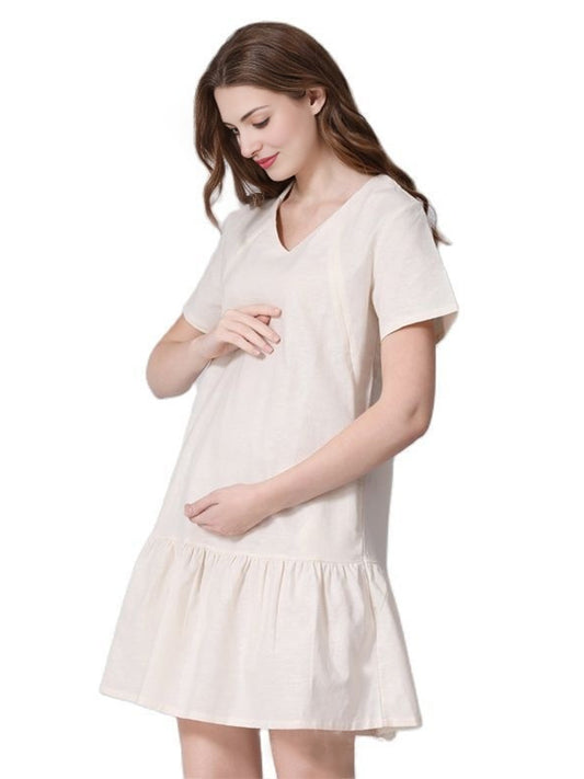 White V-neck Short Sleeve Ruffle Casual Daily Maternity Nursing Dresses