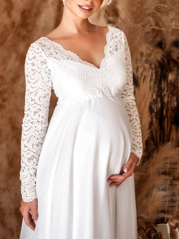 Flowy Lace Long Sleeves Elegant Maternity Photoshoot Maxi Dress