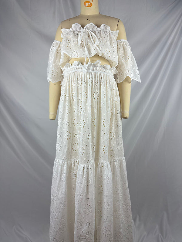 White Off Shoulder Ruffle Side Slit Big Swing Boho Maternity Photoshoot Maxi Dress