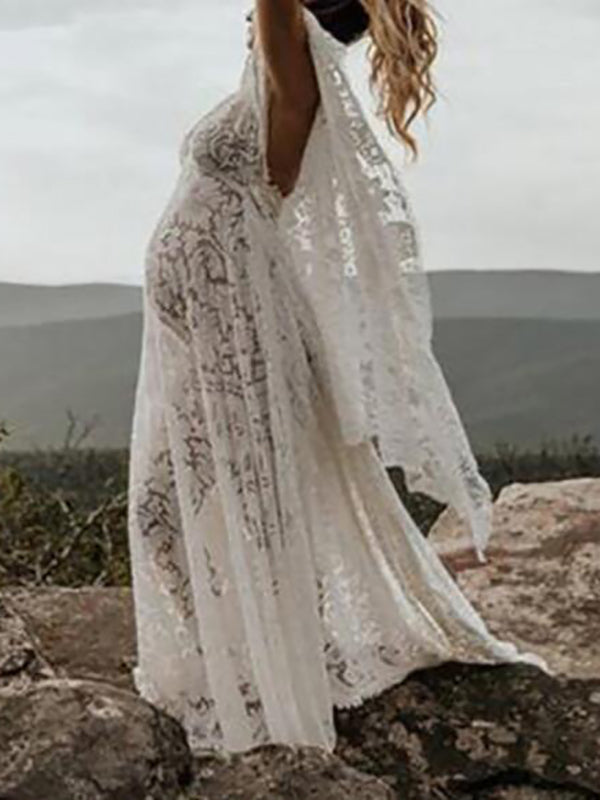 Lace Fringe Irregular Bohemian Elegant Floor Length Maternity Photoshoot Maxi Dress
