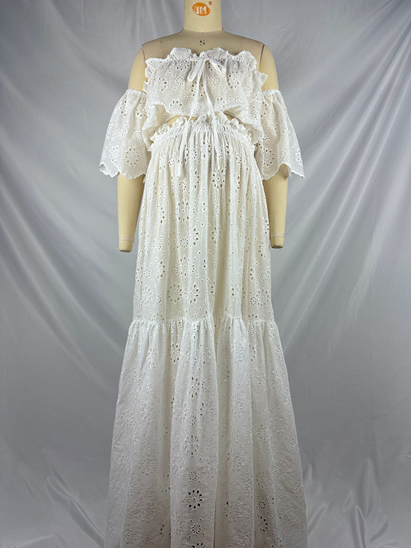 White Off Shoulder Ruffle Side Slit Big Swing Boho Maternity Photoshoot Maxi Dress