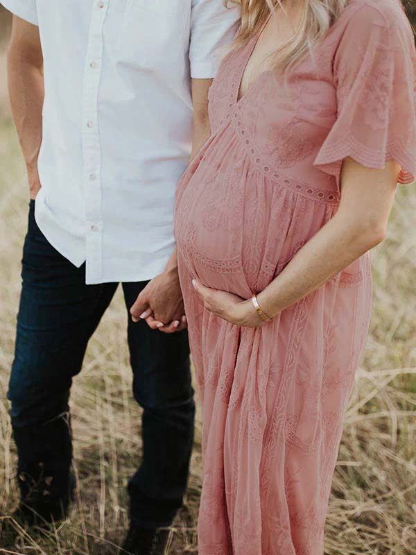 Pink Lace Flowy V-neck Boho Maternity Photoshoot Maxi Dress