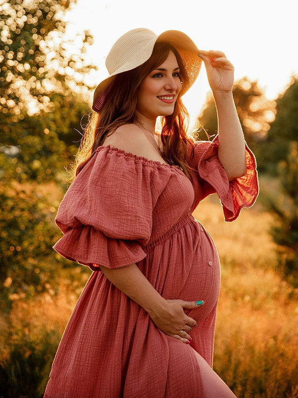Off Shoulder Ruffle Open Belly Big Swing Boho Maternity Photoshoot Maxi Dress