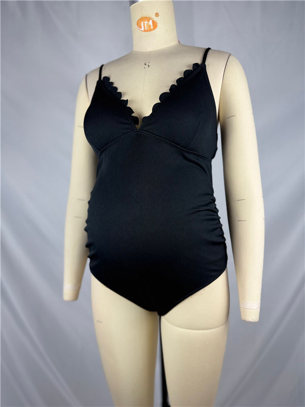 Black One Piece Wavy Edge Cami Beach Maternirty Swimsuit