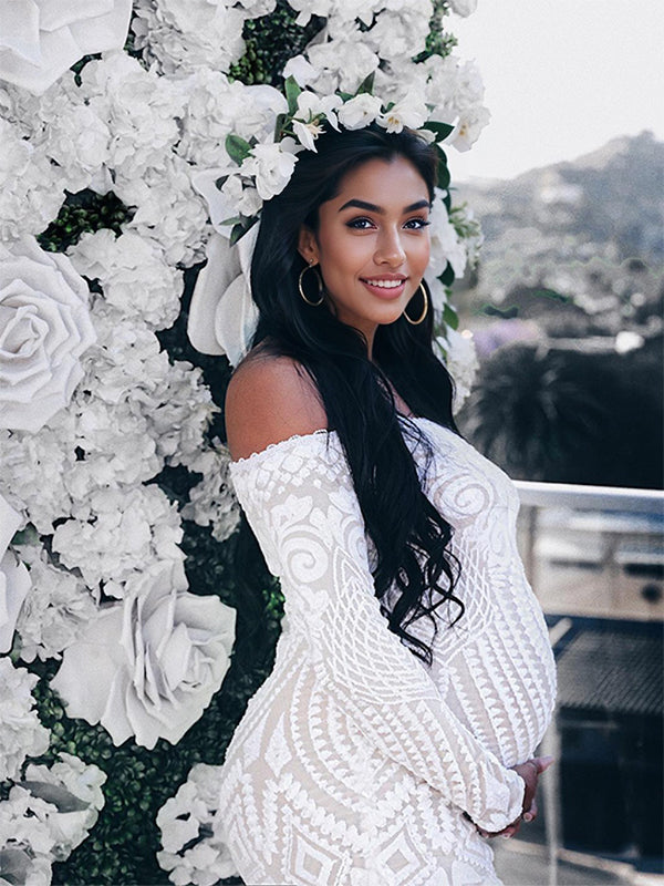White Lace Sequin Off Shoulder Mermaid Bodycon Wedding Gown Baby Shower Elegant Foamal Maternity Photoshoot Maxi Dress
