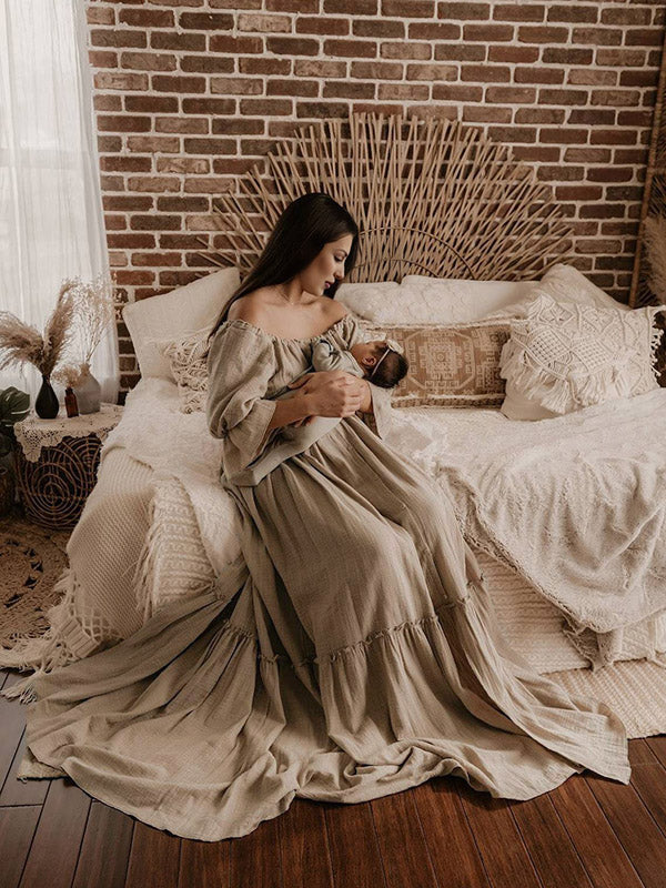 Off Shoulder Ruffle Open Belly Big Swing Boho Maternity Photoshoot Maxi Dress