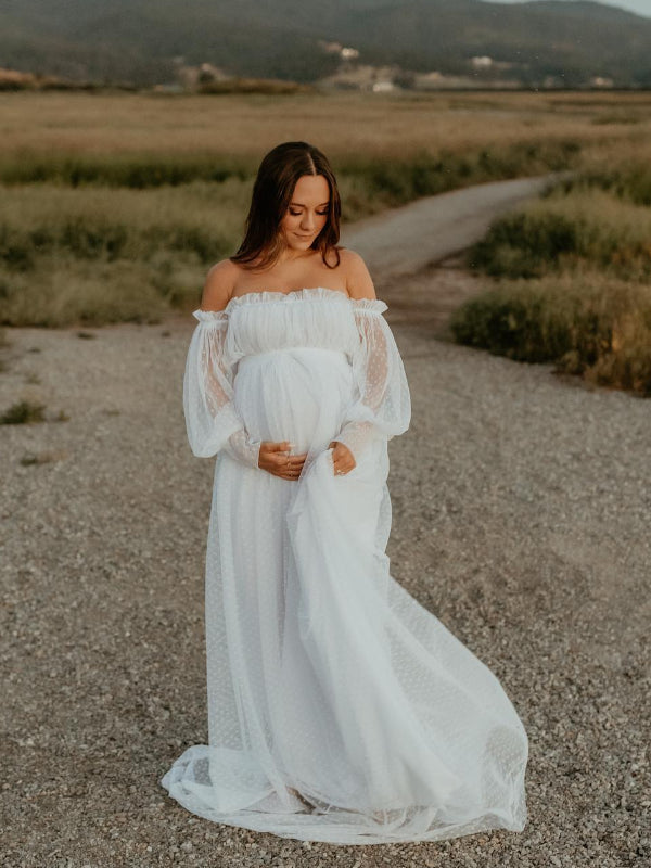 White Off Shoulder Elegant Tulle Photoshoot Maternity Maxi Dress