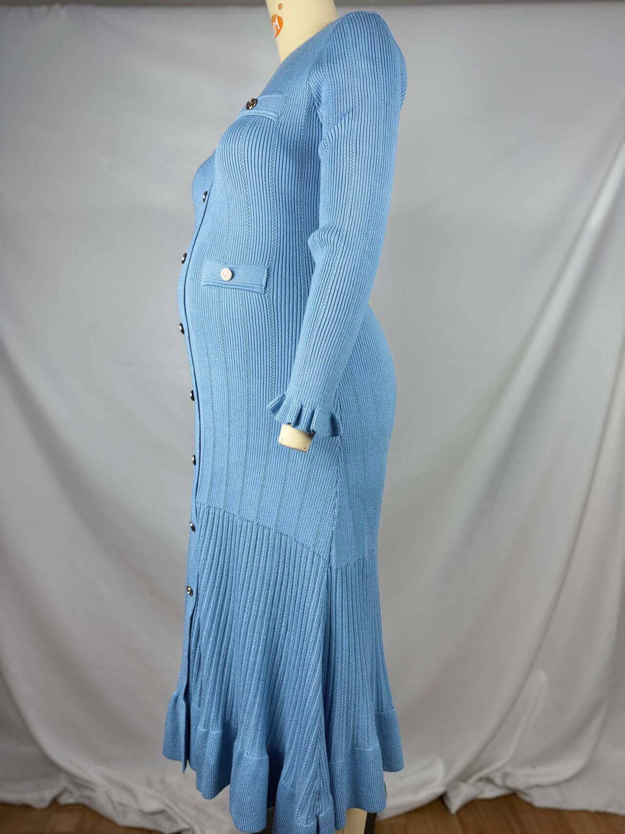 Ruffle Buttoned 3/4 Sleeve Elegant Pregnant Woman Maxi Dress
