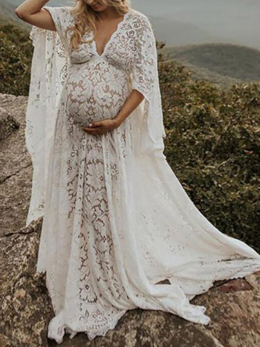 Lace Fringe Irregular Bohemian Elegant Floor Length Maternity Photoshoot Maxi Dress