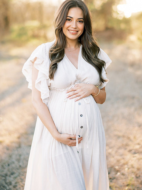 White Deep V Neck Button Down Boho Beach Bikini Cover Up Dress Party Photoshoot Maternity Dress