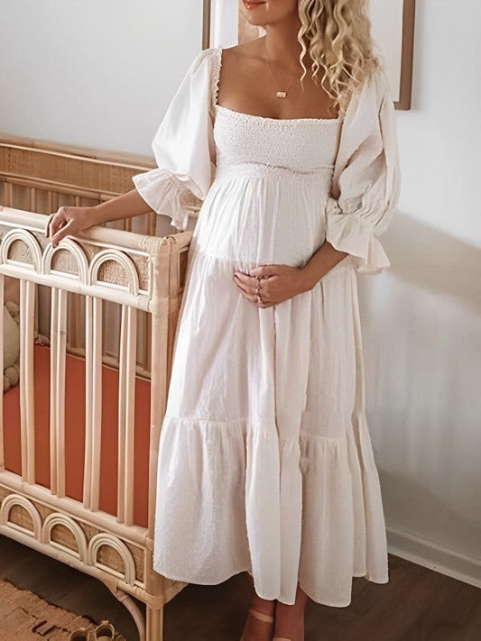White Off Shoulder Ruffle Shirred Boat Neck Puff Sleeve Bow Bohemian Maternity Photoshoot Dress