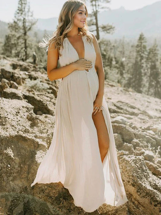 Cut Out V-Neck Side Slit Backless Tassel Halter Neck Vacation Photoshoot Maternity Maxi Dress