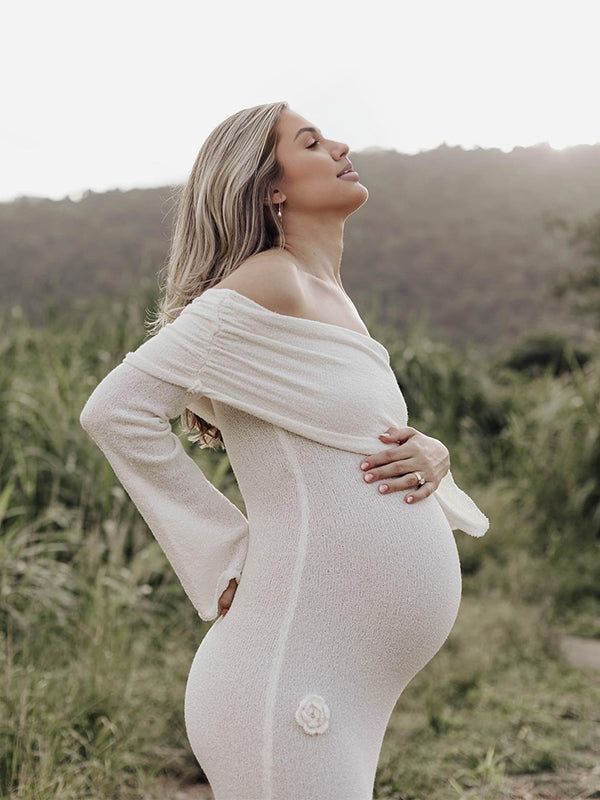 Off Shoulder Knit 3D Flowers Flared Sleeve Elegant Photo Maternity Maxi Dress
