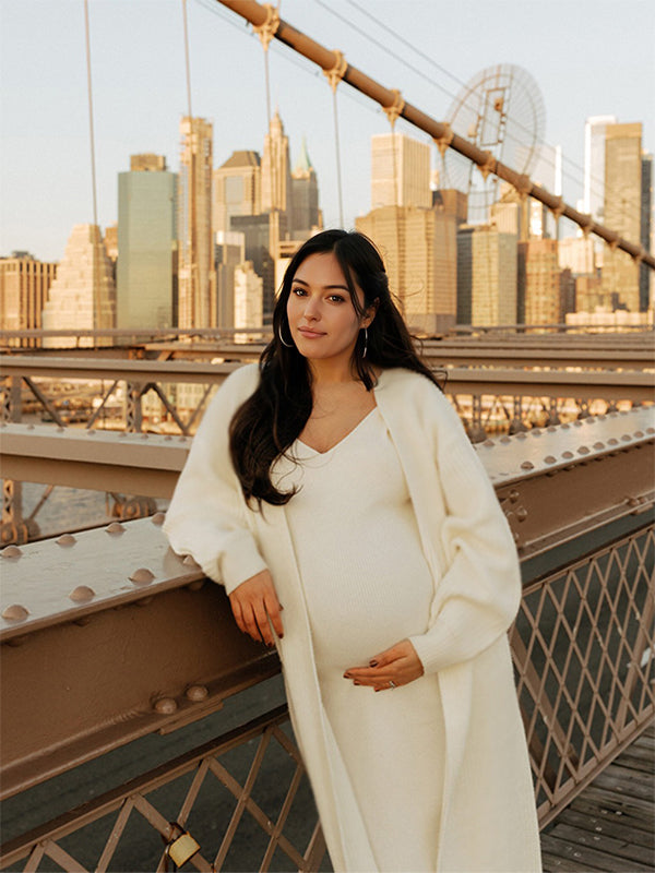 White Knit  V-Neck Bodycon Two Pieces Cardigan Elegant Maternity Maxi Sweater Dress