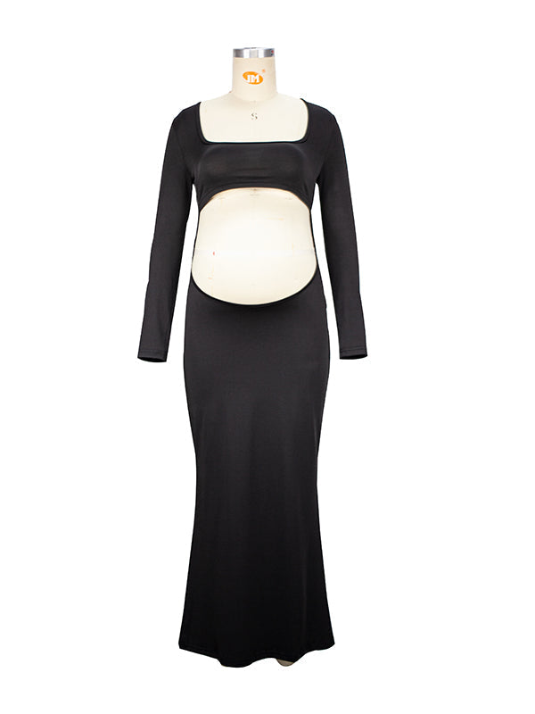 Black Cut Out Mermaid Crop Long Sleeve Backless Bodycon Cocktail Club Party Photoshoot Maternity Maxi Dress