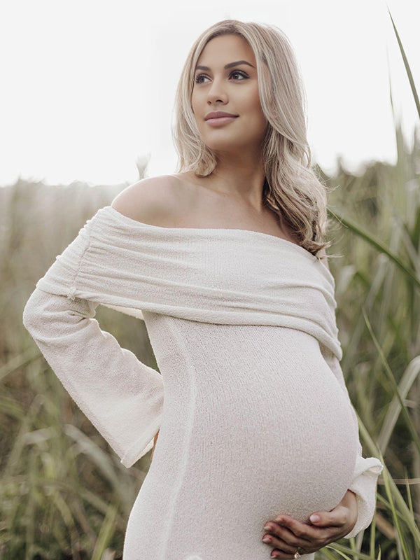 Off Shoulder Knit 3D Flowers Flared Sleeve Elegant Photo Maternity Maxi Dress