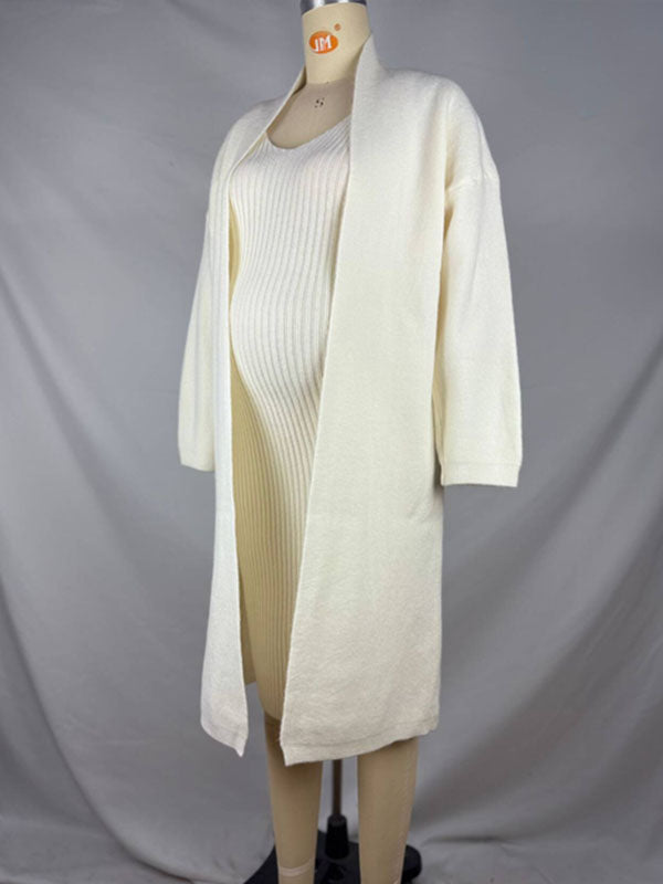 White Knit  V-Neck Bodycon Two Pieces Cardigan Elegant Maternity Maxi Sweater Dress