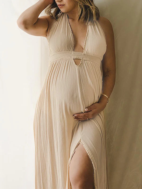 Cut Out V-Neck Side Slit Backless Tassel Halter Neck Vacation Photoshoot Maternity Maxi Dress