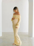 Yellow Knit Off Shoulder Flare Sleeve Bodycon Elegant Photoshoot Maternity Maxi Dress