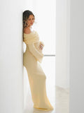 Yellow Knit Off Shoulder Flare Sleeve Bodycon Elegant Photoshoot Maternity Maxi Dress