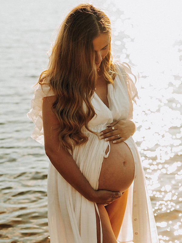 White Deep V Neck Button Down Boho Beach Bikini Cover Up Dress Party Photoshoot Maternity Dress