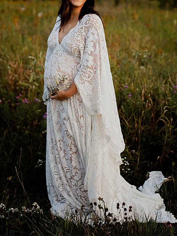 White Lace Boho  Flare Sleeve Maternity Photoshoot Maxi Dress