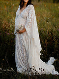 Floral Lace Backless Boho Baby Shower Flare Sleeve Pregnant Maternity Photoshoot Maxi Dress