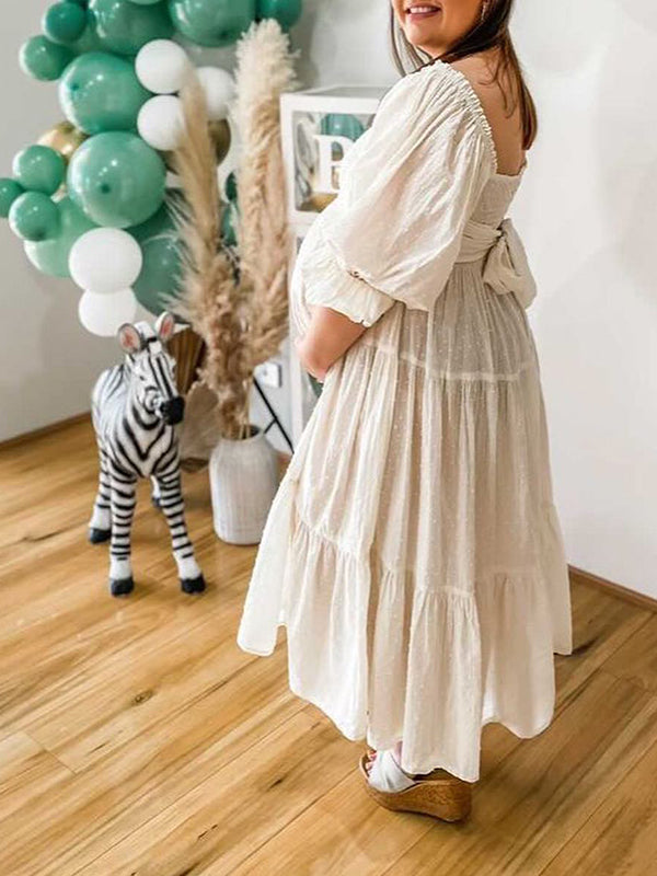 White Off Shoulder Ruffle Shirred Boat Neck Puff Sleeve Bow Bohemian Maternity Photoshoot Dress