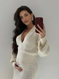 White Crochet Knit Hollow Out Deep V-neck Lantern Sleeve Bodycon Elegant Going Out Maternity Sweater Maxi Dress