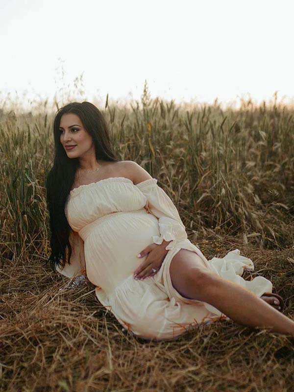 Flowy Off Shoulder Ruffle Falbala Side Slit Big Swing Lantern Sleeve Elegant Holiday Vacation Boho Maternity Photoshoot Baby Shower Maxi Dress