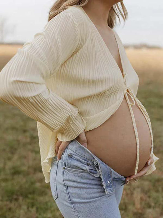 Beige lace-up Flare Sleeve Modern Fashion Maternity Photoshoot Blouse