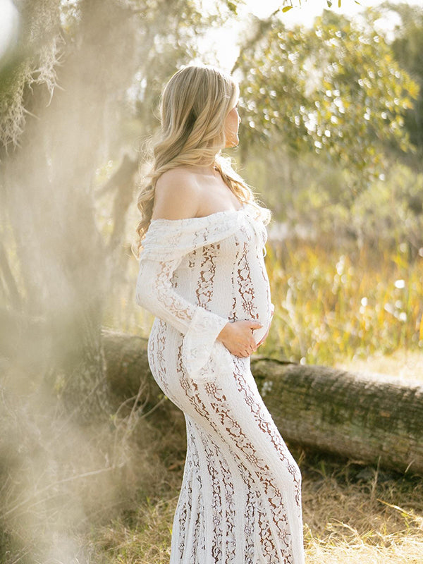 White Lace Off Shoulder Ruffle Mermaid Elegant Maternity Photoshoot Maxi Dress