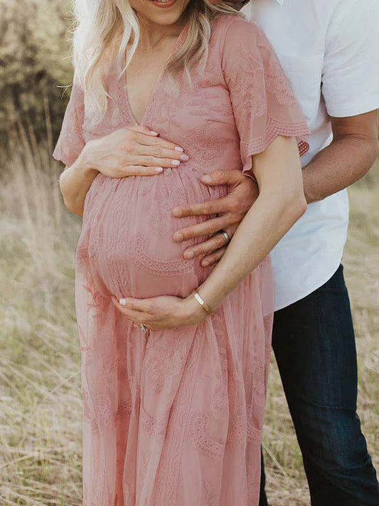 Pink Lace Flowy V-neck Boho Maternity Photoshoot Maxi Dress