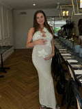Crochet Hollow Out 3D Flowes Cami Bodycon Elegant Baby Moon Beach Shower Maxi Dress