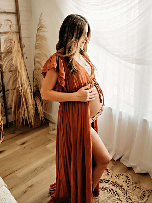 Single Breasted Drawstring Ruffle Tie Back Boho Maternity Photoshoot Maxi Dress