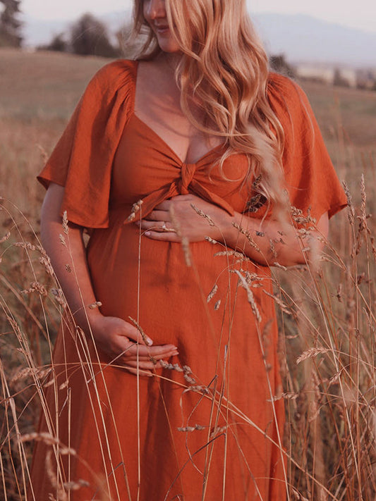 Knot V-neck Pregnant Woman Pregnancy Elegant Maternity Maxi Dress