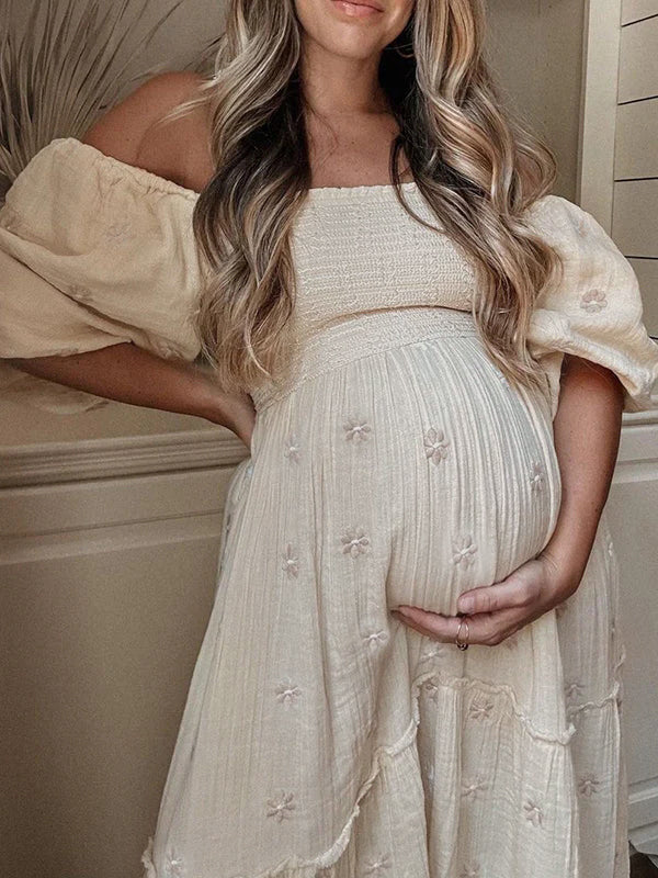 Apricot Daisy Off Shoulder Ruffle Boho Maternity Photoshoot Maxi Dress