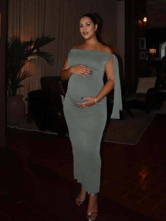 Grey Asymmetric Shoulder Knotted One Shoulder Sleeveless Bodycon Elegant Cocktail Party Maternity Photoshoot Baby Shower Maxi Dress