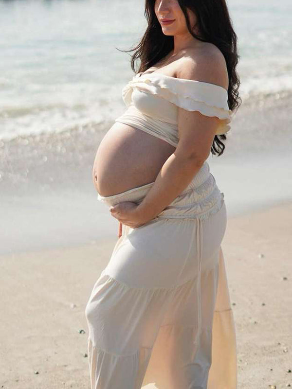 Ivory White Two Piece Set Off Shoulder Ruffle Falbala Boho Photoshoot Maxi Dress