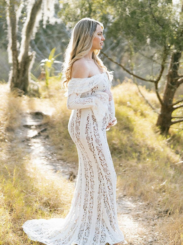 White Lace Off Shoulder Ruffle Mermaid Elegant Maternity Photoshoot Maxi Dress