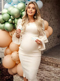 Ruffle Off Shoulder Long Sleeve Bodycon Baby Shower Maternity Midi Dress