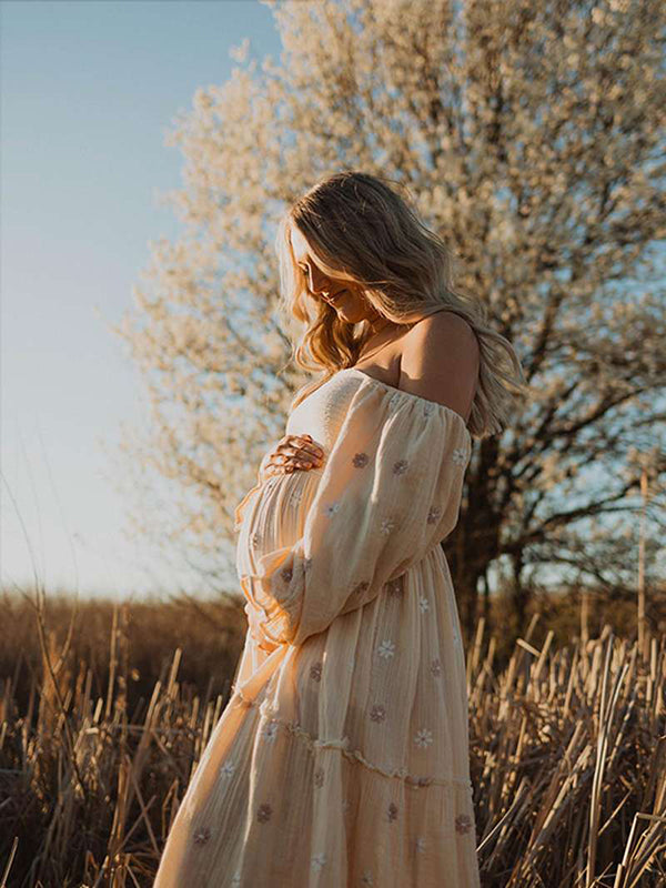 Apricot Daisy Off Shoulder Ruffle Boho Maternity Photoshoot Maxi Dress