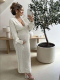White Crochet Knit Hollow Out Deep V-neck Lantern Sleeve Bodycon Elegant Going Out Maternity Sweater Maxi Dress